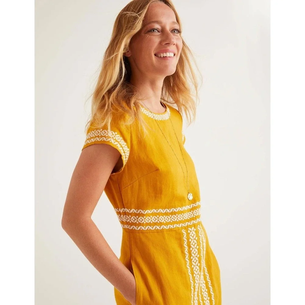 Boden Laura Linen Embroidered Mustard Yellow Linen Shift Dress US 8R